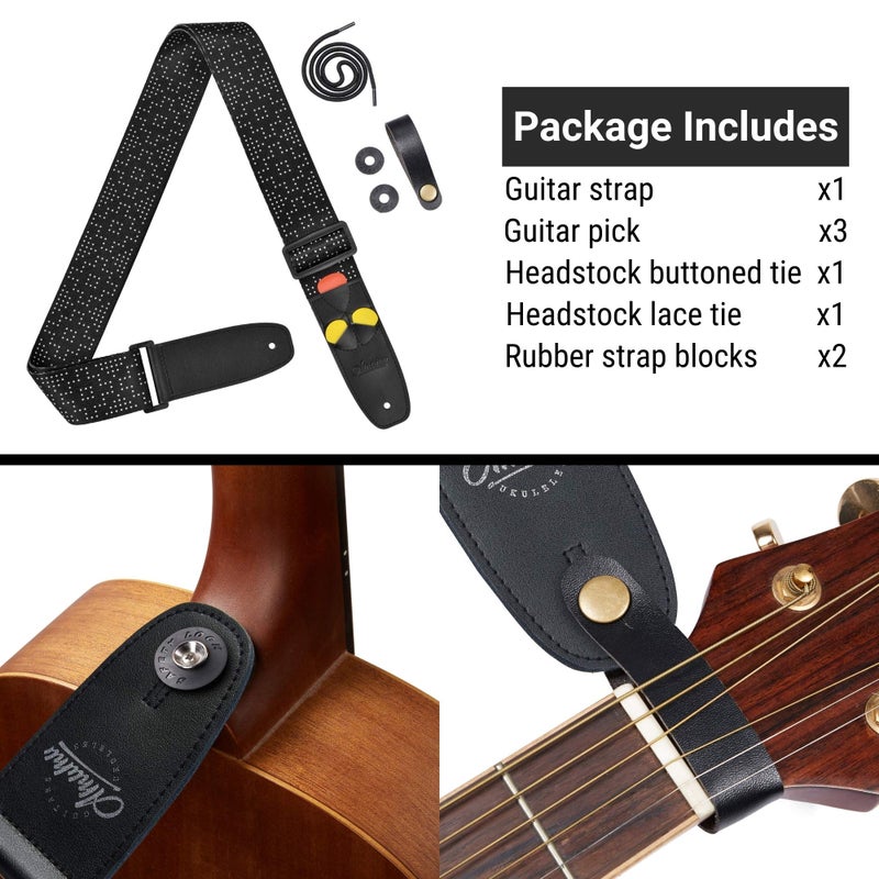 Amumu White Dot Guitar Strap with 3 Pick Holders for Acoustic, Electric, Bass Guitars -Black - Image 2